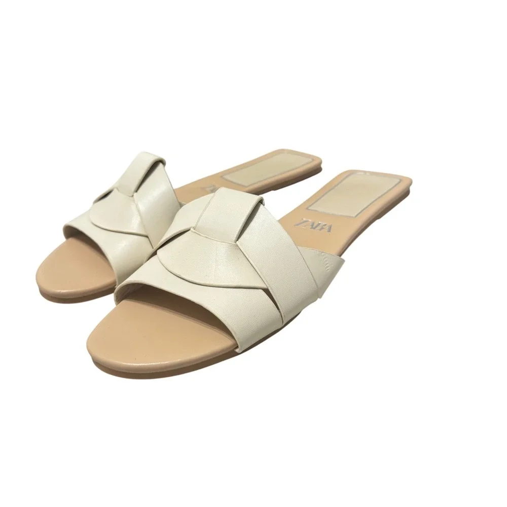 Zara Leather Crossed Strap Flat Sandals Womens 42 11 Off White  Slide - Picture 4 of 12
